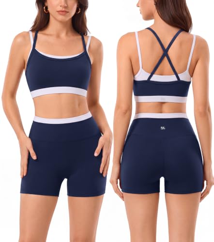 2 Pieces Workout Sets for Women,Seamless Athletic Short with Double Layer Sports Bra,Gym Matching Outfits - color: Blu013, size: Large
