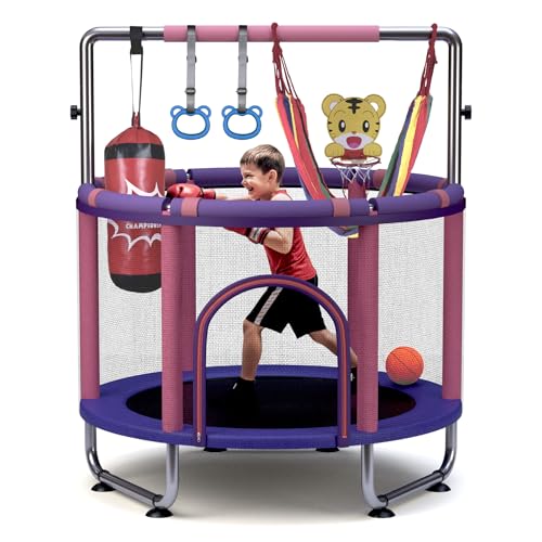 Trampoline for Kids 55inch Toddler Mini Small Trampoline Outdoor Indoor Basketball Hoop, Swing, Gift for Baby, Toddlers & Kids Ages 3-6 - color: Pink+Purple