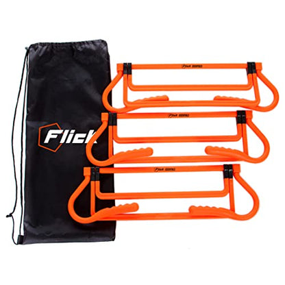 Football Flick Multi Level Mini Speed and Agility Hurdles – Pack of 3 Orange Height Adjustable Multi Sports Hurdles 6 Inches, 9 Inches and 12 Inches - Light Weight Carry Bag Included.