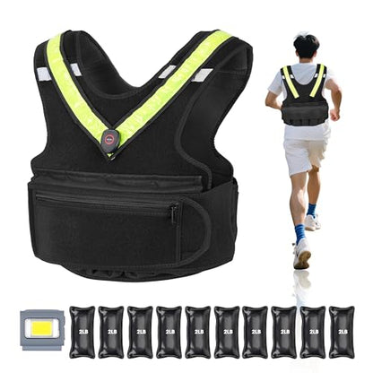 Weighted Vest for Women Men, Sport Running Weighted Vest with Reflective Strips and LED Flashing Sash, 10lbs/20lbs Weight Vest for Strength Training and Workout - size: 20LBS