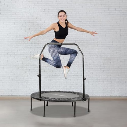 Foldable Mini Trampoline Fitness Rebounder for Home Gym Workouts – with 5-Level Adjustable Handle, Heavy-Duty Steel Frame, Portable Design, and Supports up to 440 Pounds