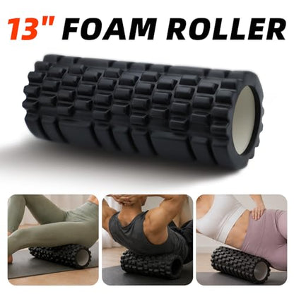 5 in 1 Foam Roller Set with Trigger Point Foam Roller, Massage Roller, Massage Ball and Stretching Strap for Physical Therapy, Muscle Recovery, Yoga, Pilates and Home Workout, Black