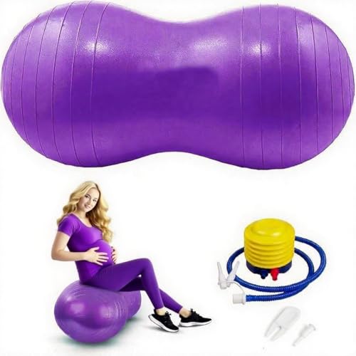 Peanut Yoga Ball, 90x45cm Anti Burst Exercise Ball, Heavy Duty Inflatable PVC Peanut Ball with Pump and Plug, kids/Adult Fitness, Pregnancy Support, Child Physical Therapy, Animal Balance Training - color: purple