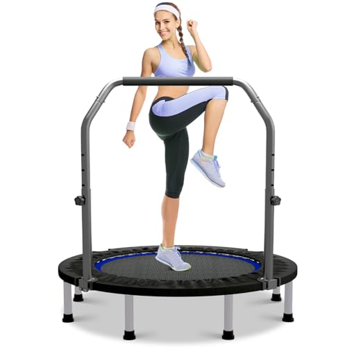 40"/48" Rebounder Trampoline for Adults Mini Trampoline for Adults and Kids Exercise Rebounder with Bar Fitness Trampoline Indoor Height Adjustable Max Load 330/440lbs - color: Blue-48in