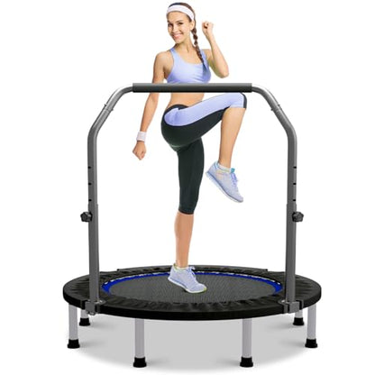 40"/48" Rebounder Trampoline for Adults Mini Trampoline for Adults and Kids Exercise Rebounder with Bar Fitness Trampoline Indoor Height Adjustable Max Load 330/440lbs - color: Blue-48in