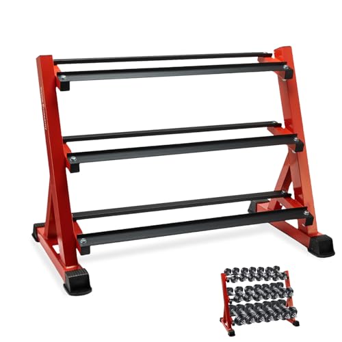 Dumbbell Rack 3 Tier Heavy Duty Weight Organizer Dumbbell Storage Stand Holder 1100lbs Capacity Quick Assembly Dumbbell Weight Storage Rack For Home Gym, Red (Rack Only)