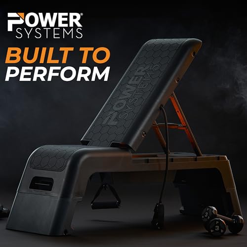 Power Systems Step Bench & Weight Bench | Aerobic Platform & Plyo Box for Cardio, Strength | Commercial Grade Full Body Home Gym Stepper | Adjustable Multifunctional Deck & Resistance Band Clips