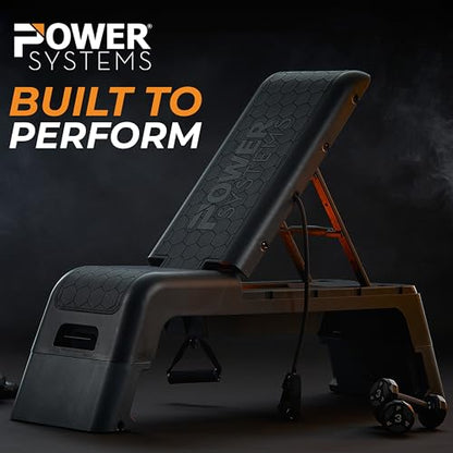 Power Systems Step Bench & Weight Bench | Aerobic Platform & Plyo Box for Cardio, Strength | Commercial Grade Full Body Home Gym Stepper | Adjustable Multifunctional Deck & Resistance Band Clips