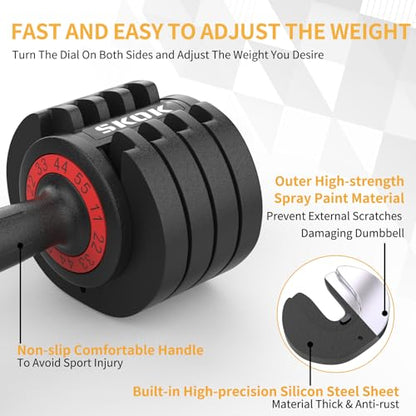 SKOK 25/55 lbs Pair Adjustable Dumbbells Set, Adjustable Weights Dumbbells Set for Men and Women with Anti-Slip Fast Adjust Weight by Turning Handle Dumbbell with Tray - color: 55lbs-Black-Single