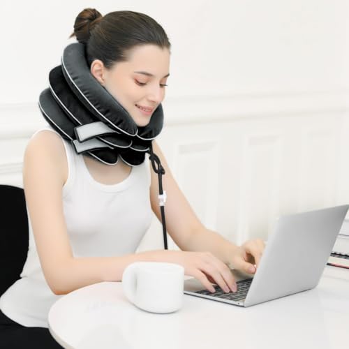 Cervical Neck Traction Device for Neck Pain Relief - Inflatable Neck Stretcher Collar for Decompression - Best Home Use Neck Brace Pump (Black Plush) - color: P. Black