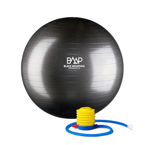 Black Mountain Products Professional Grade Exercise Stability Yoga Ball, Foot Pump, Ball Plug, Plug Puller, 2000 Pounds Static Weight Capacity Antiburst - color: Black, size: 55 cm