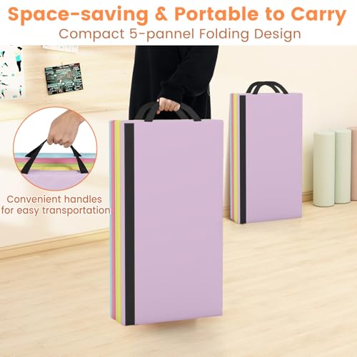 GYMAX Gymnastics Mat, 5-Panel Folding Tumbling Mat with Carrying Handles, 4-Side Hook & Loop Fasteners, Waterproof PU Cover, Exercise Mat for Home, Gym, Yoga, Stretching - color: Pastel