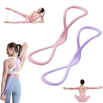 Figure 8 Resistance Band for Women Men, Non‑Slip Handles Exercise Band, Home Gym Fitness Equipment for Yoga, Pilates, Stretching & Physical Therapy (25 lbs) - color: Pink 15 P + Purple 25 P