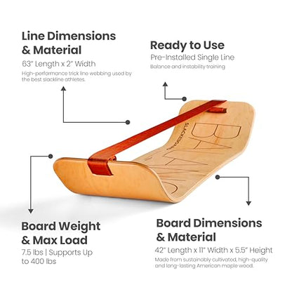 GIBBON SlackBoard - GiBoard Balance Board - Gift for Kids & Adults - 1 & 2 Line Options - Slackline Balance Trainer for Core Workouts, Standing Desk Exercise, Home Gym, Yoga & More