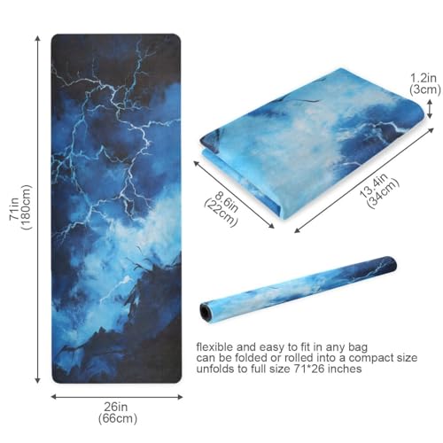 Kigai Travel Yoga Mat 71" x 24" Non Slip Natural Rubber Foldable Exercise Mat Ultra Thin 1.5mm Lightweight for Fitness, Pilates & Home Workout, Blue Lightning