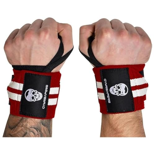Gymreapers Weightlifting Wrist Wraps (IPF Approved) Professional Quality Wrist Support with Heavy Duty Thumb Loop - Best Wrap for Powerlifting Competition, Strength Training, Bodybuilding - color: Red/White