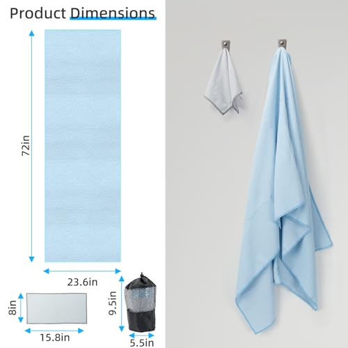 YESLIFE Non-Slip Extra Thick Hot Yoga Towel with One Sweat Towel, Microfiber Sweat Absorbent Yoga Mat Towel with Grip Dot, Pilates Mat, 72" x 24", Light Blue