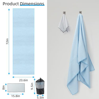 YESLIFE Non-Slip Extra Thick Hot Yoga Towel with One Sweat Towel, Microfiber Sweat Absorbent Yoga Mat Towel with Grip Dot, Pilates Mat, 72" x 24", Light Blue