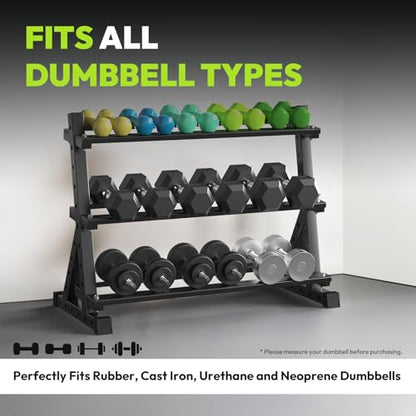 HANDBODE 3-Tier Dumbbell Rack Stand, 1000LB Capacity Storage Rack, Weight Rack for Dumbbells, Kettlebell, 390–700 lb Rubber Coated Fixed Weight Sets, Home Gym Strength Training Equipment - color: 3-Tier Dumbbell Rack