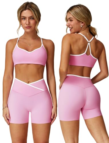 ABOCIW Workout Sets for Women 2 Piece Color Block Strappy Sports Bra Crossover High Waist Shorts Gym Yoga Pilates Outfits - color: Pink, size: Medium