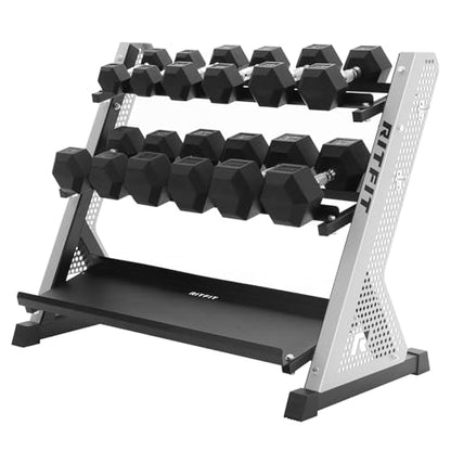 RitFit Rubber Hex Dumbbell Set with Storage Weight Rack - style: 350 LBS with 3-Tier Silver Rack