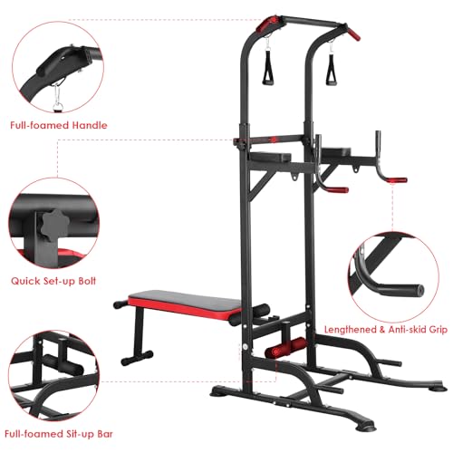 Power Tower with Bench, Pull Up Bar Stand, Dip Bar w/Folding Bench 4 Ropes Strength Training, Multi-Function Fitness Equipment for Home Gym, Adjustable Heights and Angles Dip Station, 400LBS