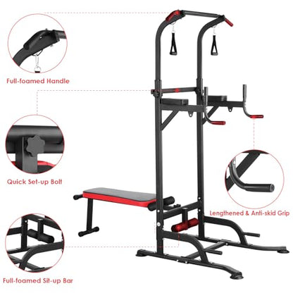 Power Tower with Bench, Pull Up Bar Stand, Dip Bar w/Folding Bench 4 Ropes Strength Training, Multi-Function Fitness Equipment for Home Gym, Adjustable Heights and Angles Dip Station, 400LBS