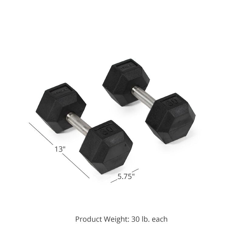 Titan Fitness Free Weights, Rubber Coated Hex Dumbbell, Straight Stainless Steel Handle, Strength Training, Full Body Workout - style: 30 pound Single