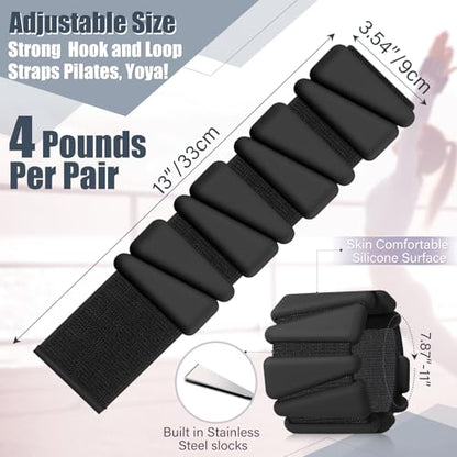 Pilates 2Lbs Each(Set of 4) Wrist Ankle Weights for Women, Wearable Arm Leg, Adjustable Weighted Wristbands Arm Leg Weights Suitable for Walking Swimming Running Yoga Gym - color: Black