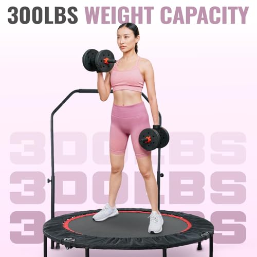40 Inch Foldable Mini Tranpoline with Handle Bar, Indoor Exercise Rebounder Tranpoline for Adults Fitness, 4 Level Height Adjustable, Compact Storage Design, Max Load 300LBS