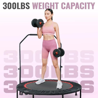 40 Inch Foldable Mini Tranpoline with Handle Bar, Indoor Exercise Rebounder Tranpoline for Adults Fitness, 4 Level Height Adjustable, Compact Storage Design, Max Load 300LBS