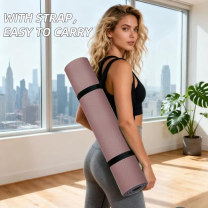 ILILI 10mm Extra Thick, TPE Yoga Mat, 76×28 Inch Extra Long, Carrying Strap - color: Dark Pink+Dark Grey