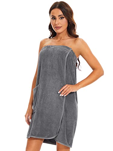 Knuffnee Women Bath Towel Robe Spa Body Wrap Shower Bathrobe Adjustable Snap Closure - color: Grey, size: X-Large