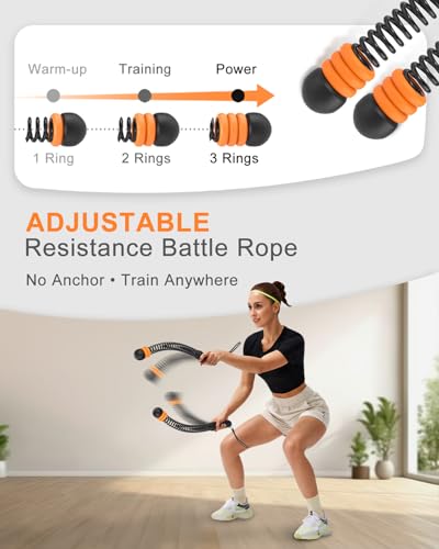 Adjustable Weighted Ropeless Battle Ropes with 6 Weight Rings, Heavy Duty Cordless Battle Rope for HIIT & Cardio Full-Body Workout, Non-Slip Spiral Handles, Home Gym Equipment for Women & Men