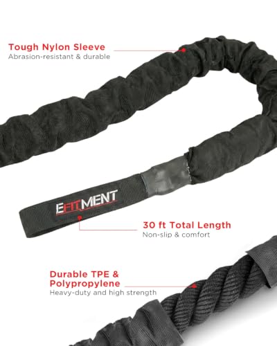 Efiment Elastic Battle Rope for Home Gym Workout - 30FT Resistance Training Exercise Rope with Protective Sleeve, Oversized Grips and Wrist Straps for Indoor Outdoor Fitness
