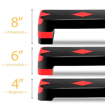 ZENY 26.5 inch Aerobic Step Platform with 4 Step Risers, Height Adjustable Exercise Stepper for Home Gym Workouts, 400 lbs Capacity - color: Red