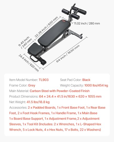 VEVOR Sit Up Bench, Decline Ab Bench with Reverse Crunch Handle, with 4 Adjustable Height Settings, Heavy Duty Steel, 1000 Lbs Capacity, for Home Gym Workouts, Strength Training, Full Body Muscles
