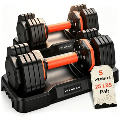 FEIERDUN Adjustable Dumbbell Set, Weight Set for Home Gym, 5/10-in-1 Free Weight Adjustable Dumbbells, Single Hand Twist Adjust with Non-Slip Handles, 90% Space Saving Strength Training for both Men&Women - color: 5 Weight Settings - 25 LB/Pair (50 LB Tot