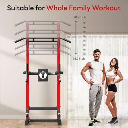 SogesPower Power Tower Pull Up Dip Stand Multi-Function Adjustable Height Workout Equipment Dip Station Fitness Strength Training for Home Gym 330LBS - color: Red