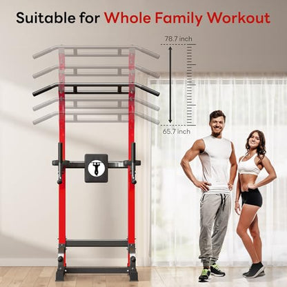 SogesPower Power Tower Pull Up Dip Stand Multi-Function Adjustable Height Workout Equipment Dip Station Fitness Strength Training for Home Gym 330LBS - color: Red