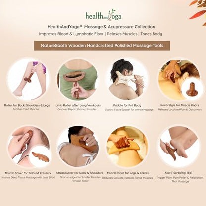 HealthAndYoga™ NatureSooth Wooden Massage Roller – Wood Therapy Massage Tools – Handheld Calf and Leg Massager, Back and Shoulder Massager and Full Body Massager