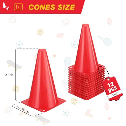 12pcs Cones 9 Inch Soccer Cones and Plastic Traffic Cones, Durable Cones for Sports Training, Ideal for Soccer, Basketball, Football, Skating, and Agility Drills Practice - color: red