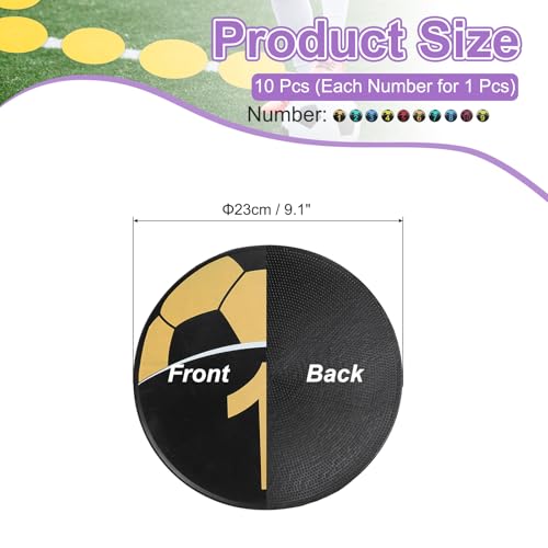 PATIKIL Number Spot Markers 9 Inch, 10 Pcs Soccer Non-Slip Floor Dots Agility Markers Flat Field Cones Poly Dots for Dance Soccer Basketball Sports, Yellow/Blue/Red/Dark Yellow/Green