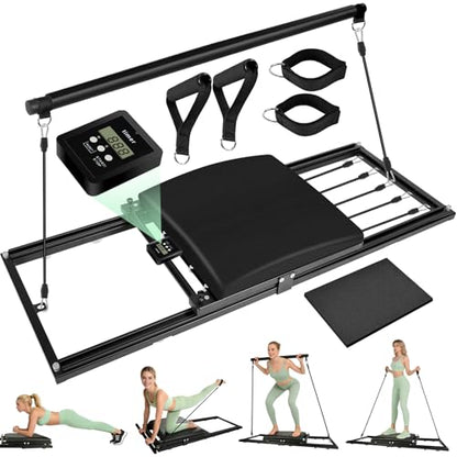 Pilates Board, Foldable Pilates Reformer Set, Multi-Purpose Iron Extended Pilate Equipment, 7-in-1 Pilate Machines for Home Use, with Pilates Bar, Resistance Bands