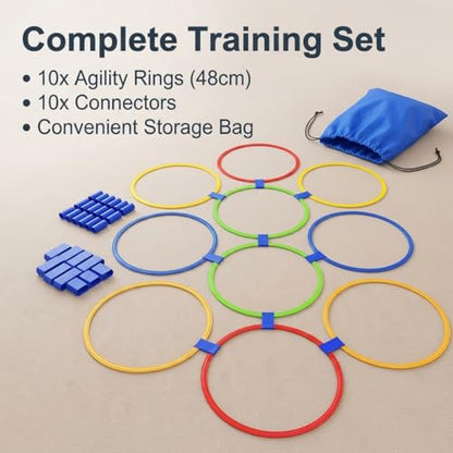 10 Round Agility Rings, 48cm Extra Large Exercise Equipment for Speed Training, Footwork Training Rings with Clips & Storage Bag