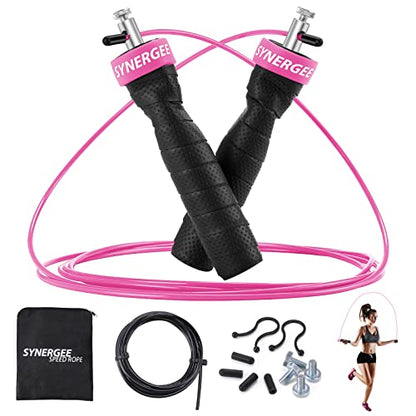 Synergee Hot Pink Jump Rope - (2) Adjustable 10 Ft Cable - Steel Ball Bearings - For CrossFit, MMA, Boxing & Fitness, Anti-Slip Handles