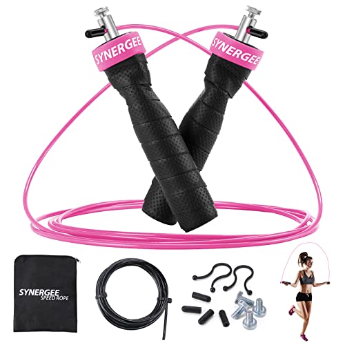 Synergee Hot Pink Jump Rope - (2) Adjustable 10 Ft Cable - Steel Ball Bearings - For CrossFit, MMA, Boxing & Fitness, Anti-Slip Handles