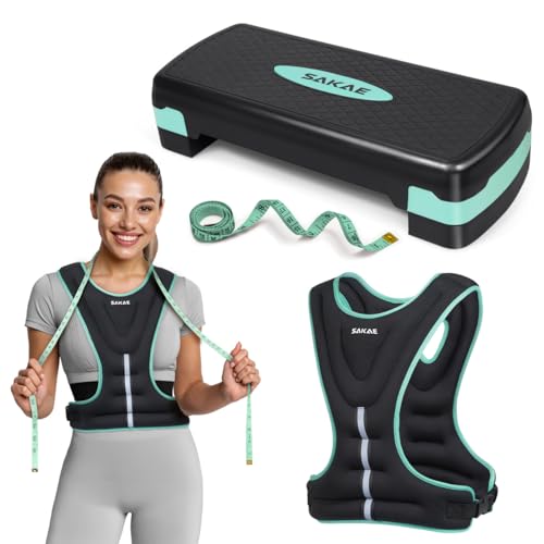 Adjustable Height Aerobic Stepper Set, Multiple Bundle Options with Dumbbells, Kettlebell, Waist Trimmer, Ankle Weights or Weighted Vest, Workout Exercise Step Platform w/Level Risers, 4 Colors - color: Green Black, size: e. W/ Weighted Vest