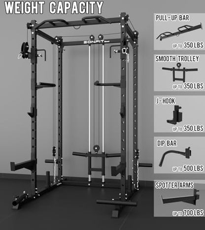 Eonfit E2 Power Cage，1500LB Squat Rack with Cable Crossover System.Multi-Function Power Rack for Home Gym.All-in-One Squat Rack with More Training Attachments