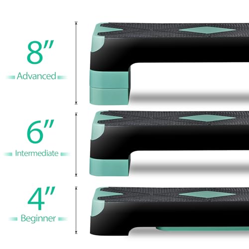 26.5" Aerobic Step Platform, Adjustable Height Exercise Workout Stepper, Stackable Risers Stepper for Exercise at Home Gym Workouts Fitness Equipment, Green